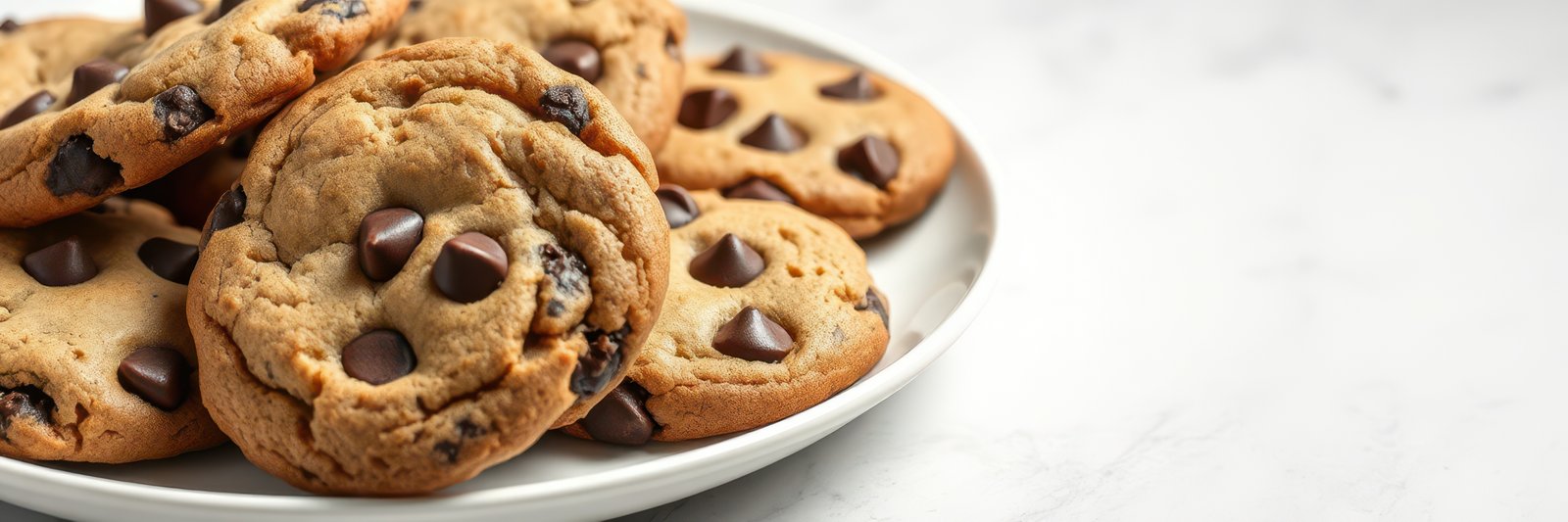 Freshly baked chocolate chip cookies served on a white plate, perfect for any sweet craving moment at home